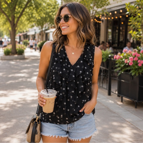 White House Black Market Tops - White House Black Market Black and White Polka Dot Blouse with Ruffles